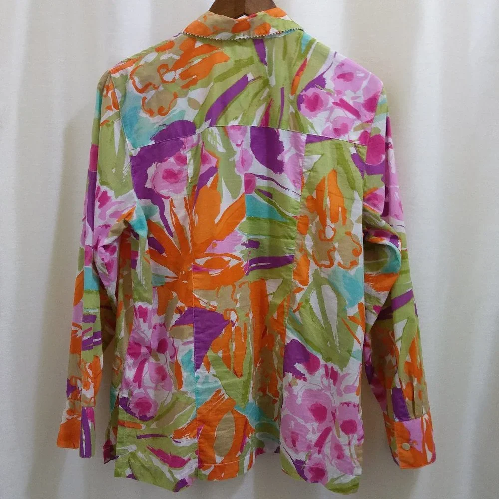 Tropical Cotton Blouse - Long-Sleeve - Beaded - Sz Medium - Picture 6 of 10